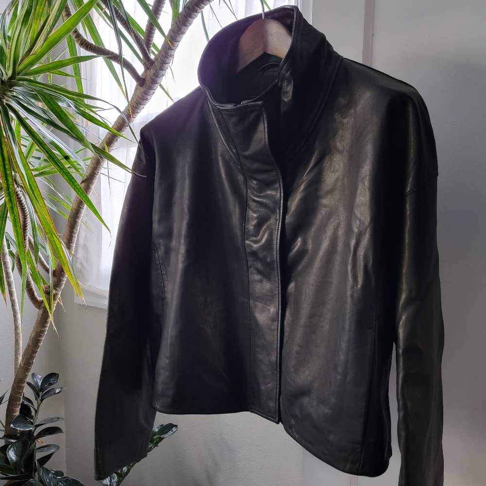 AllSaints Ryder Funnel Neck Cropped Lambskin Leather Jacket